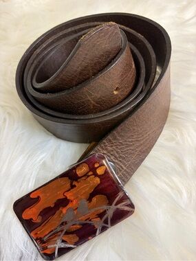 VTG Made in Canada Genuine Leather Brown Belt Artisanal Bird Buckle XL